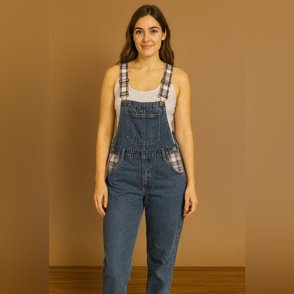 VINTAGE 90’s ZENA Denim Overalls with Plaid Accents